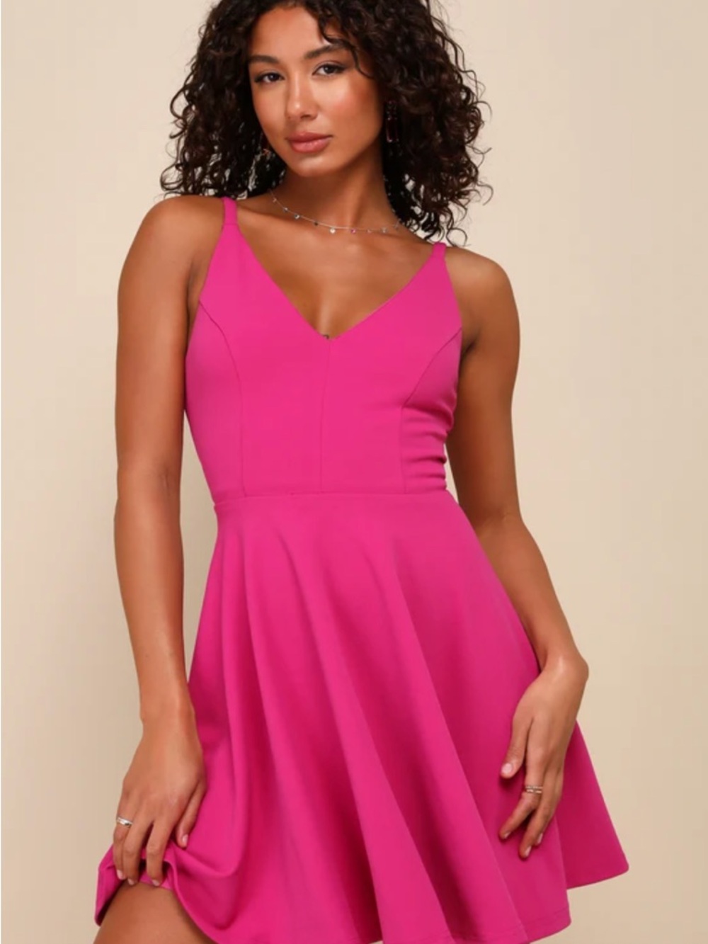 Lulu's Hot Pink V-Neck Fit & Flare Mini Dress